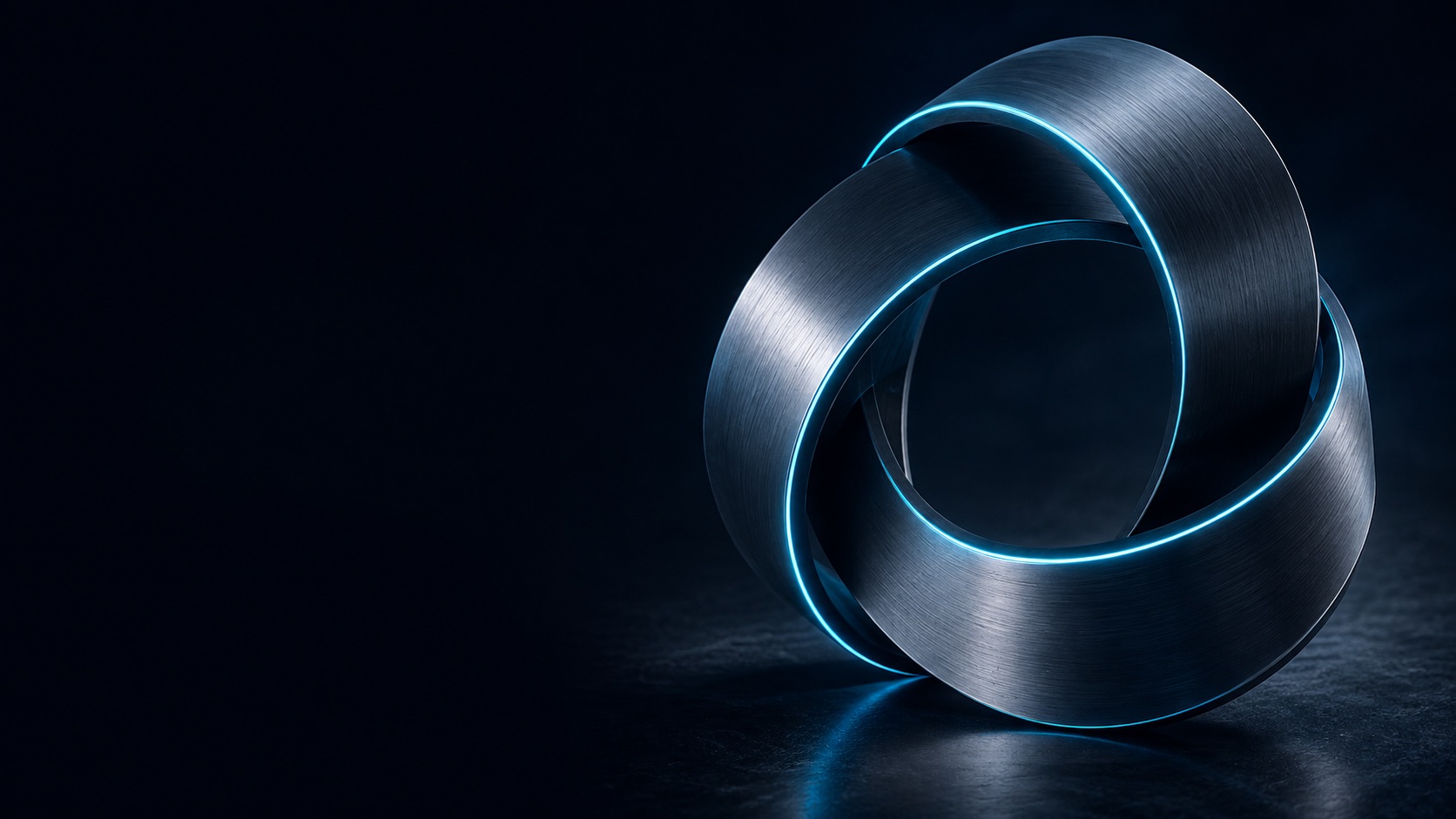 Interlocking titanium forms with cyan edges, representing connected systems
